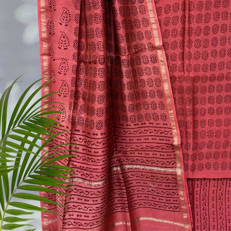 Chanderi Silk Pipar Dabu Print Suit Set (Rustic Red)