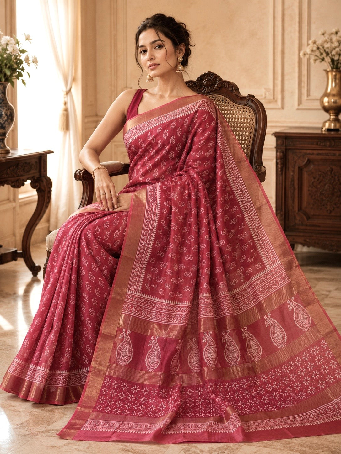 Chanderi Block Print Saree (Carrot Red)