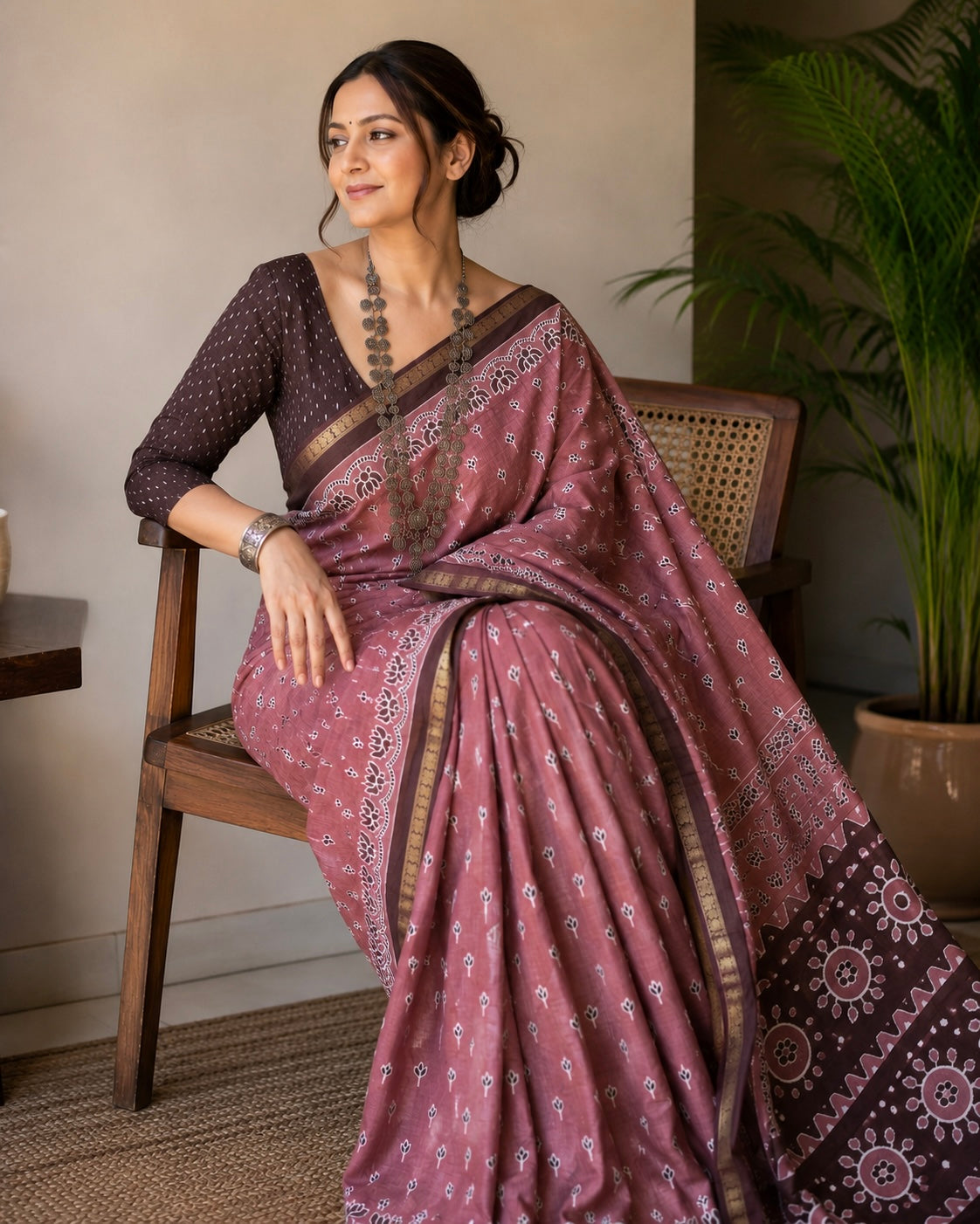 Mul Chanderi Block Print Saree (Onion Pink)