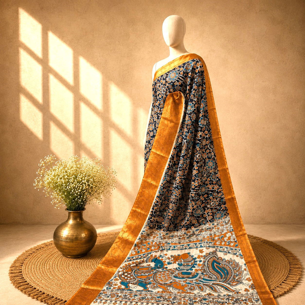 Kalamkari Block Print Silk Cotton Nizam Border Saree #17