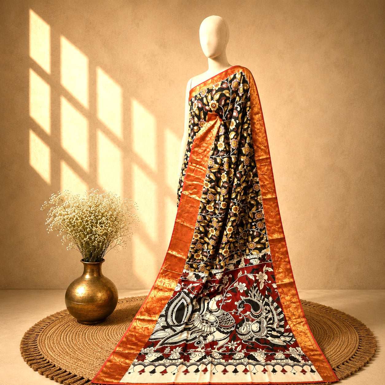 Kalamkari Block Print Silk Cotton Nizam Border Saree #19