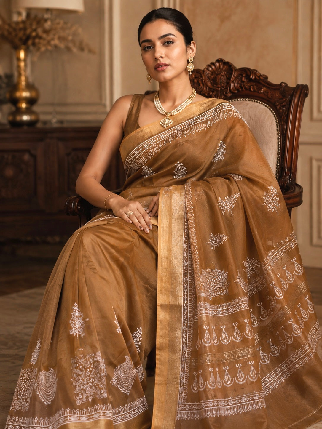 Chanderi Block Print Saree (Brown)