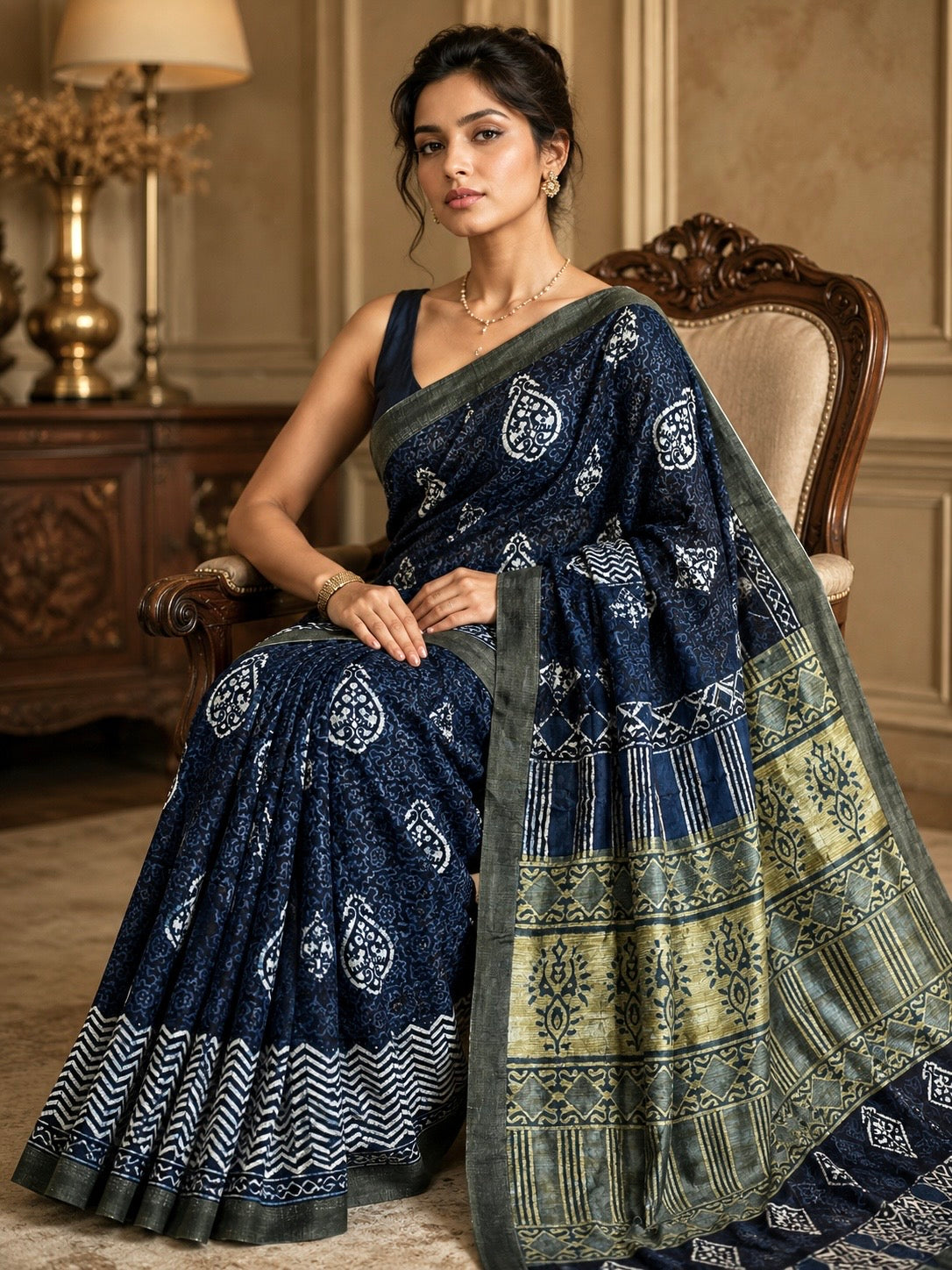 Chanderi Silk Gichha Pallu Pipar Dabu Print Saree (Indigo)