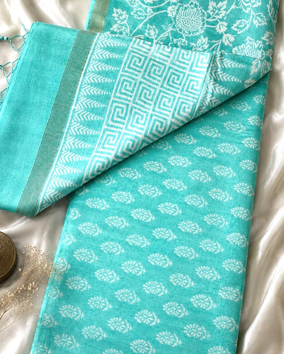 SICO Pastel Block Print Saree (Aqua)