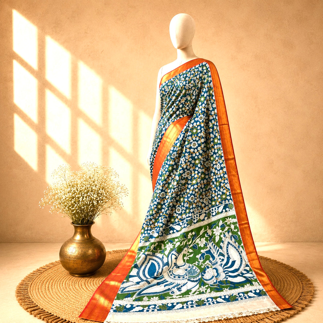 Kalamkari Block Print Silk Cotton Nizam Border Saree #15