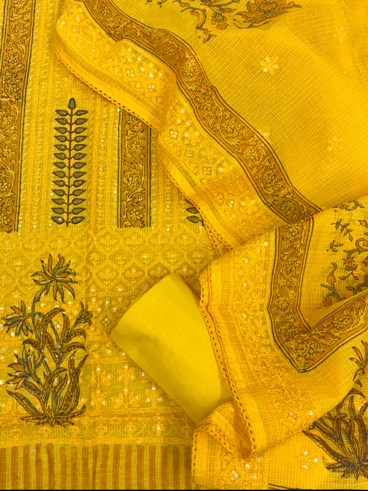 Kota Cotton Block Printed Suit Set with Schiffli Work (Yellow)