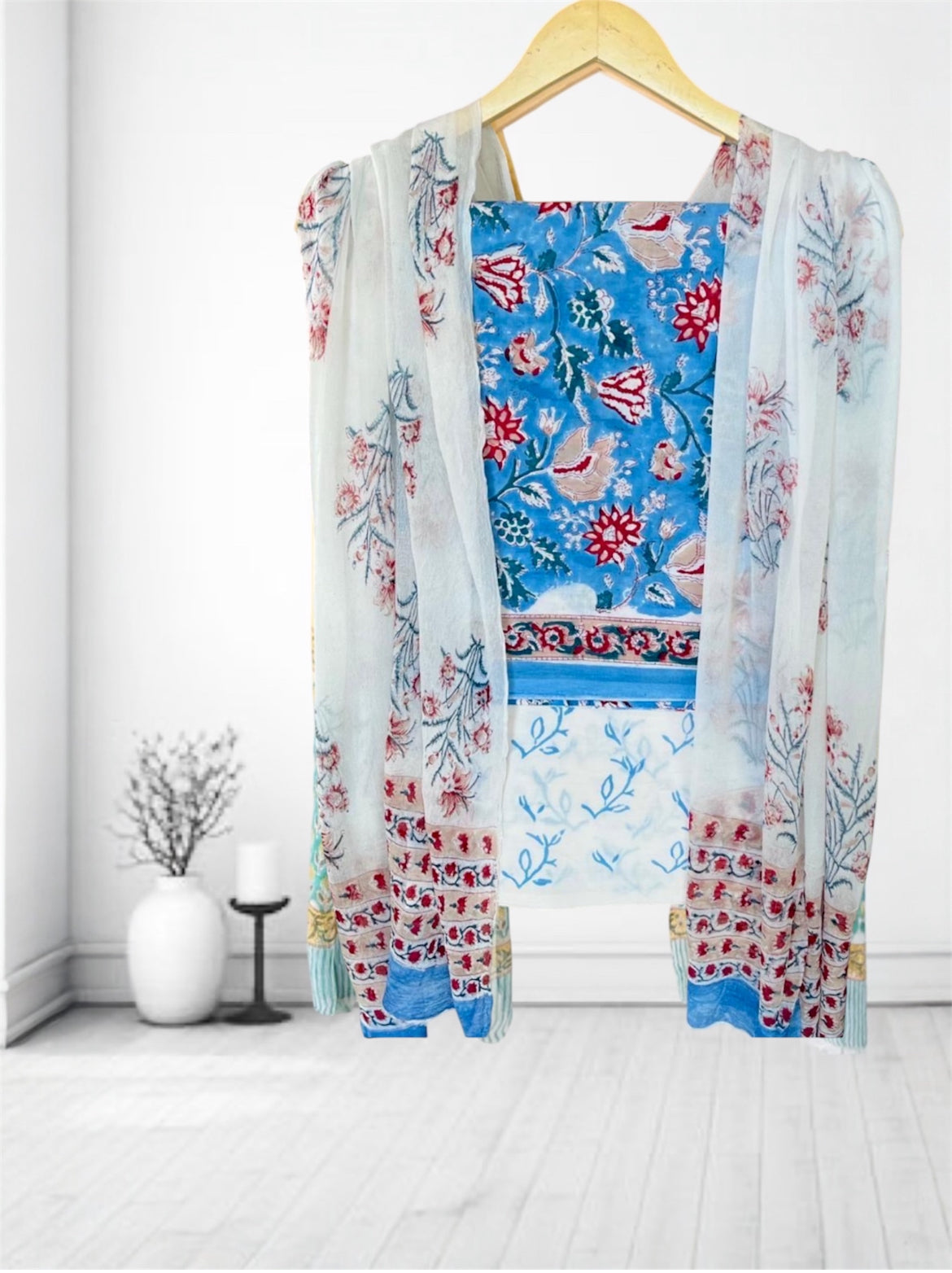 Cotton Sanganeri 3 Pc Suit Chiffon Dupatta Set #3