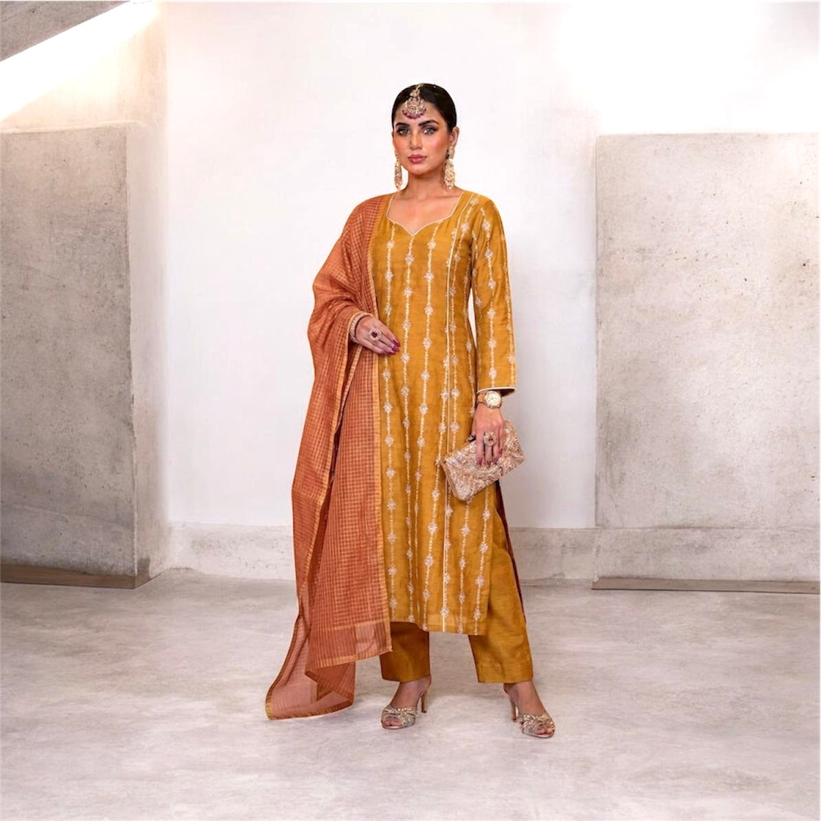 Orange Chanderi Block Print Suit Set