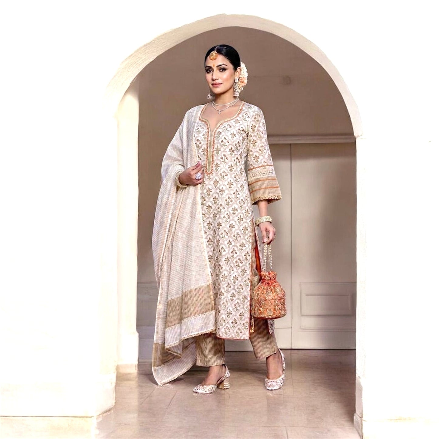 Off White Chanderi Block Print Suit Set