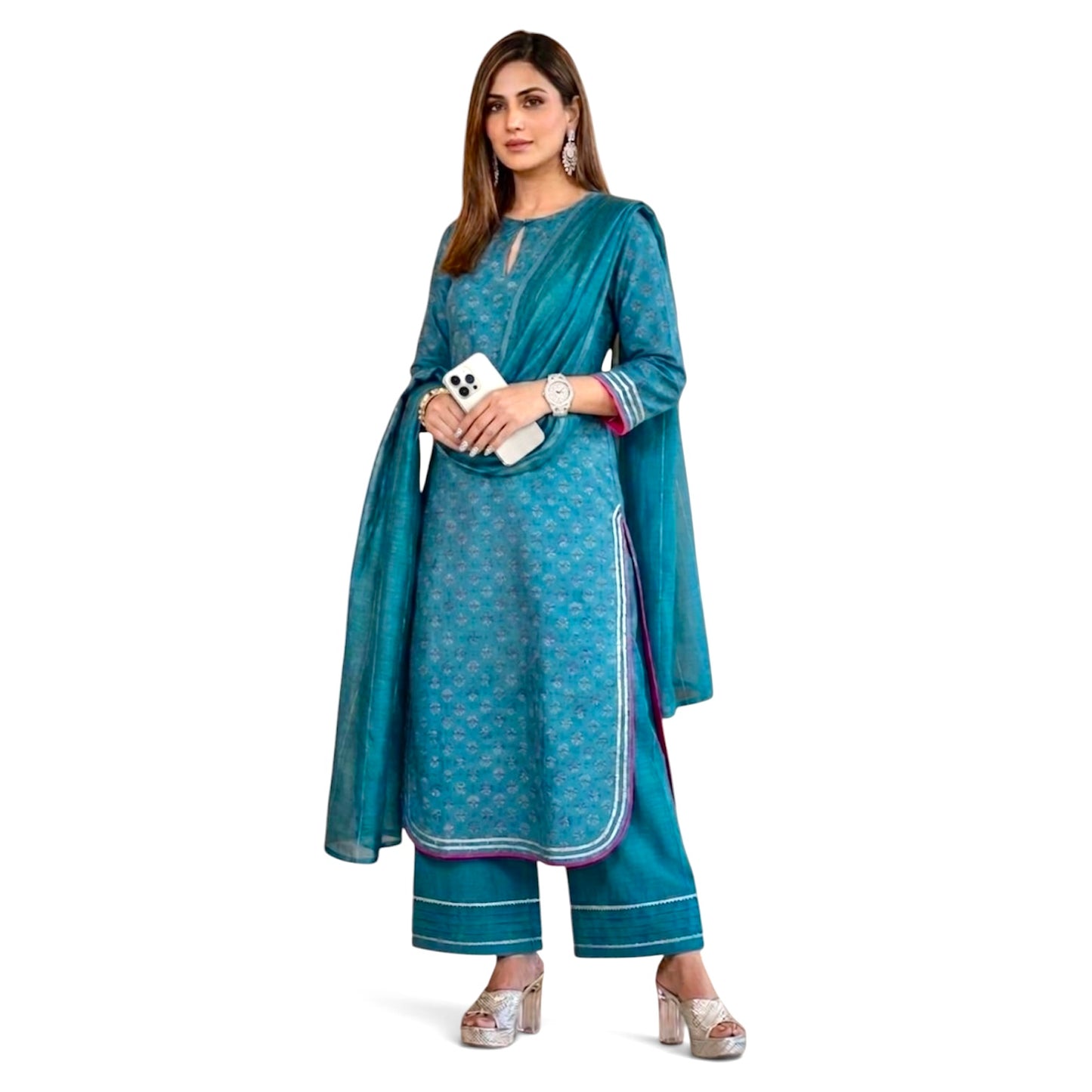Turquoise Buta Chanderi Block Print Suit Set