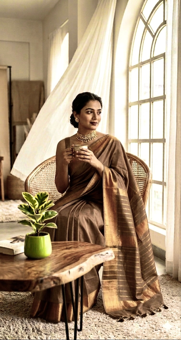 Bhagalpuri Silk Plain Saree with Zari Border (brown)
