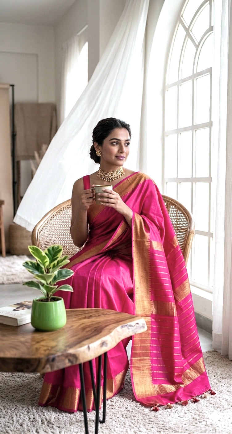 Bhagalpuri Silk Plain Saree with Zari Border (Pink)