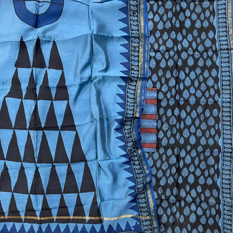 Chanderi Silk Bagru Print Suit Set (Indigo)