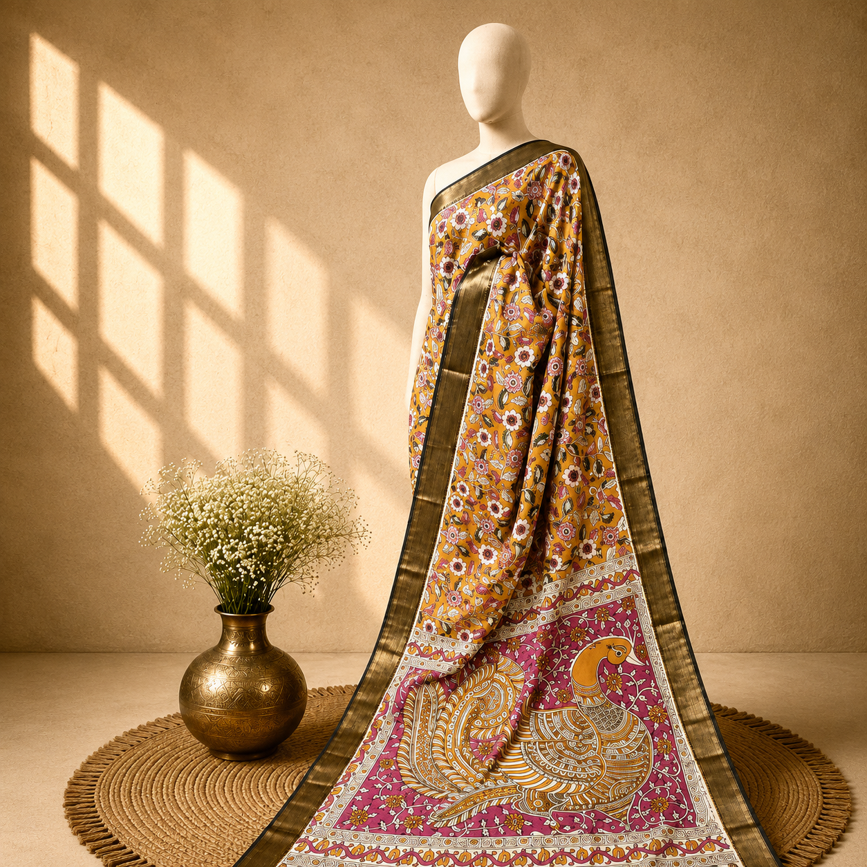 Kalamkari Block Print Silk Cotton Nizam Border Saree #10