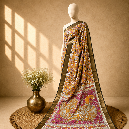 Kalamkari Block Print Silk Cotton Nizam Border Saree #10