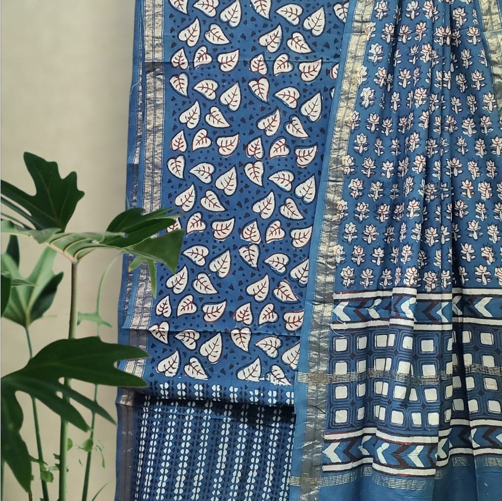 Modal Cotton Pipar Dabu Print Suit Set (Blue)