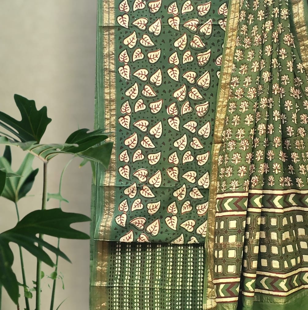 Modal Cotton Pipar Dabu Print Suit Set (Green)