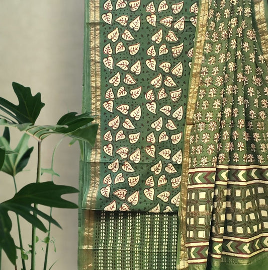 Modal Cotton Pipar Dabu Print Suit Set (Green)