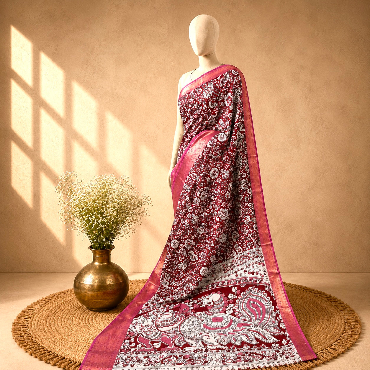 Kalamkari Block Print Silk Cotton Nizam Border Saree #16