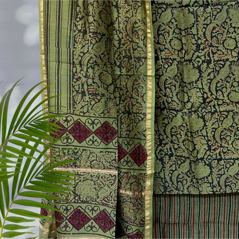 Chanderi Silk Pipar Dabu Print Suit Set (Green)