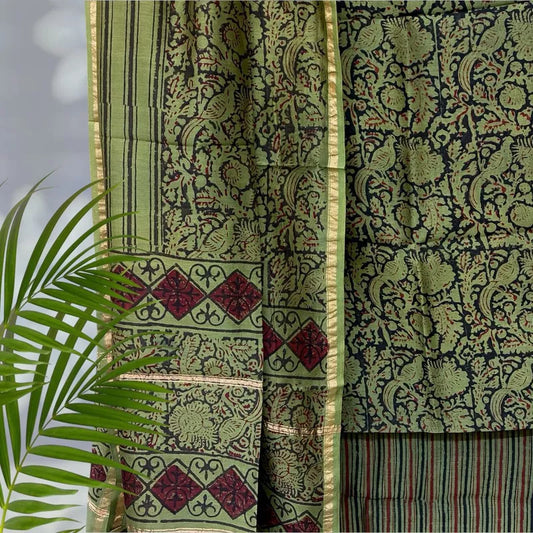 Chanderi Silk Pipar Dabu Print Suit Set (Green)