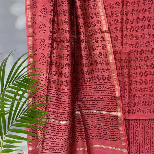 Chanderi Silk Pipar Dabu Print Suit Set (Rustic Red)
