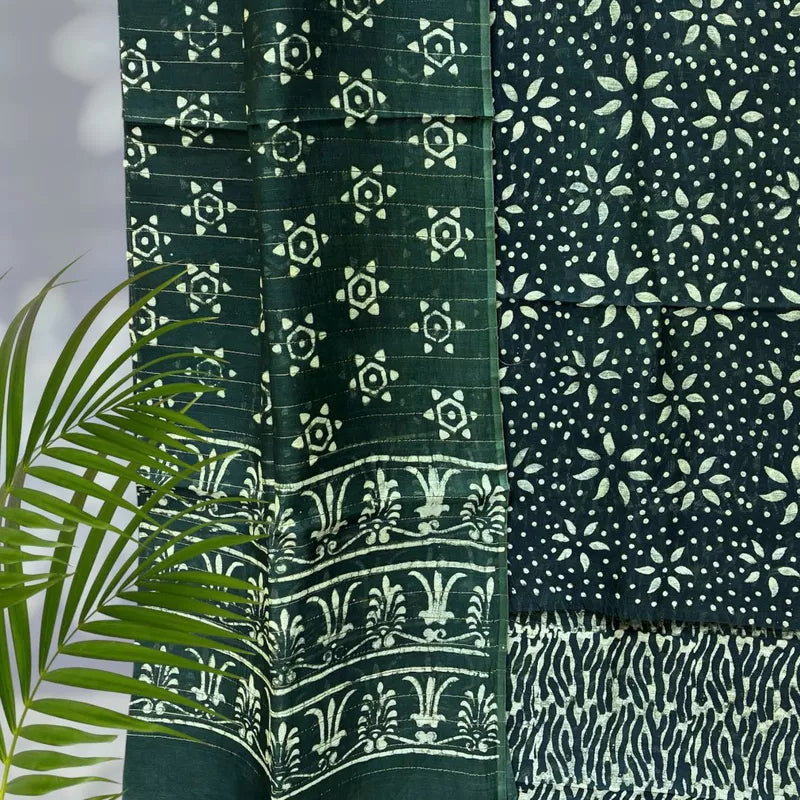 Chanderi Silk Pipar Dabu Print Suit Set (Bottle Green)