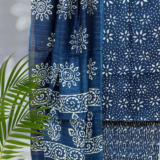 Chanderi Silk Pipar Dabu Print Suit Set (Indigo)