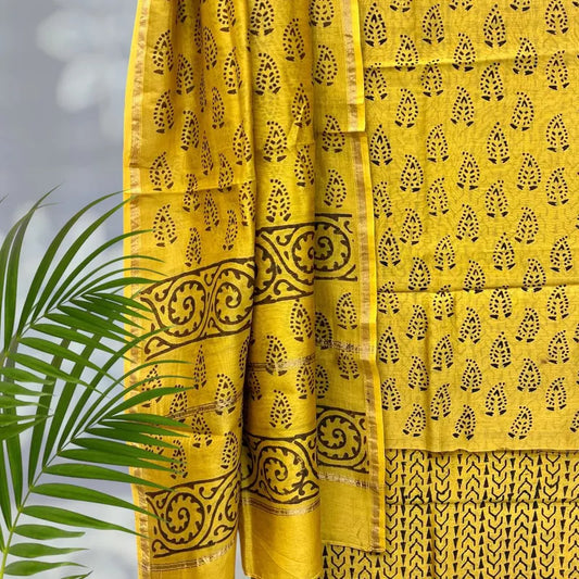 Chanderi Silk Pipar Dabu Print Suit Set (Yellow)
