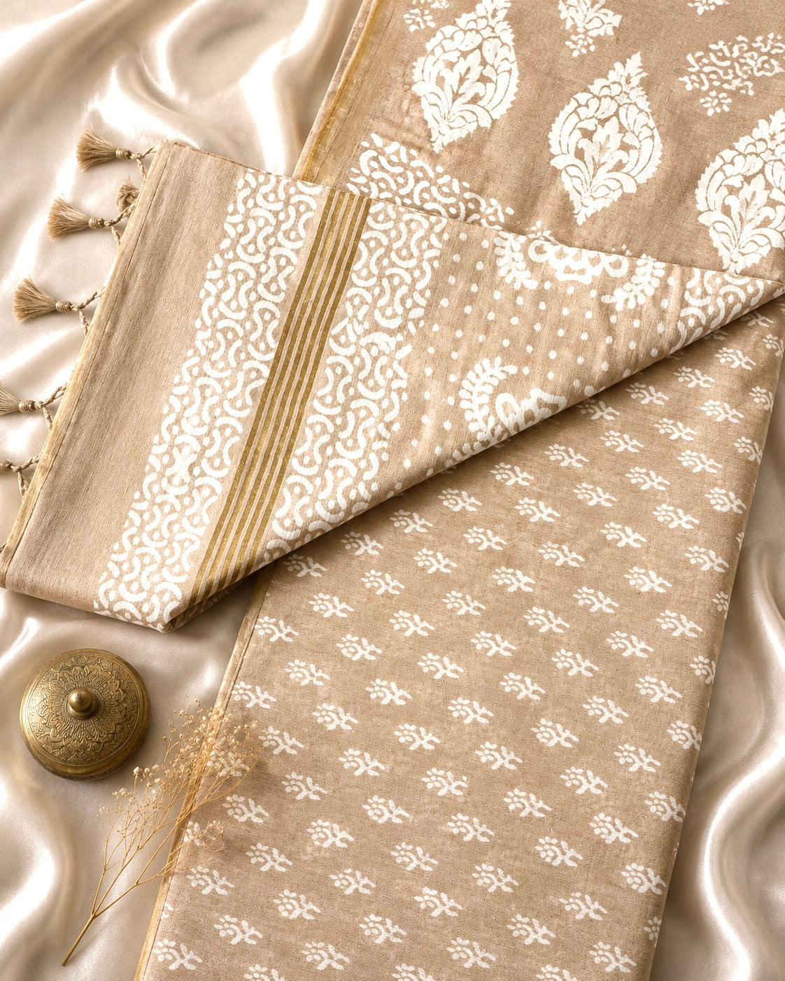 SICO Pastel Block Print Saree (Powder Brown)