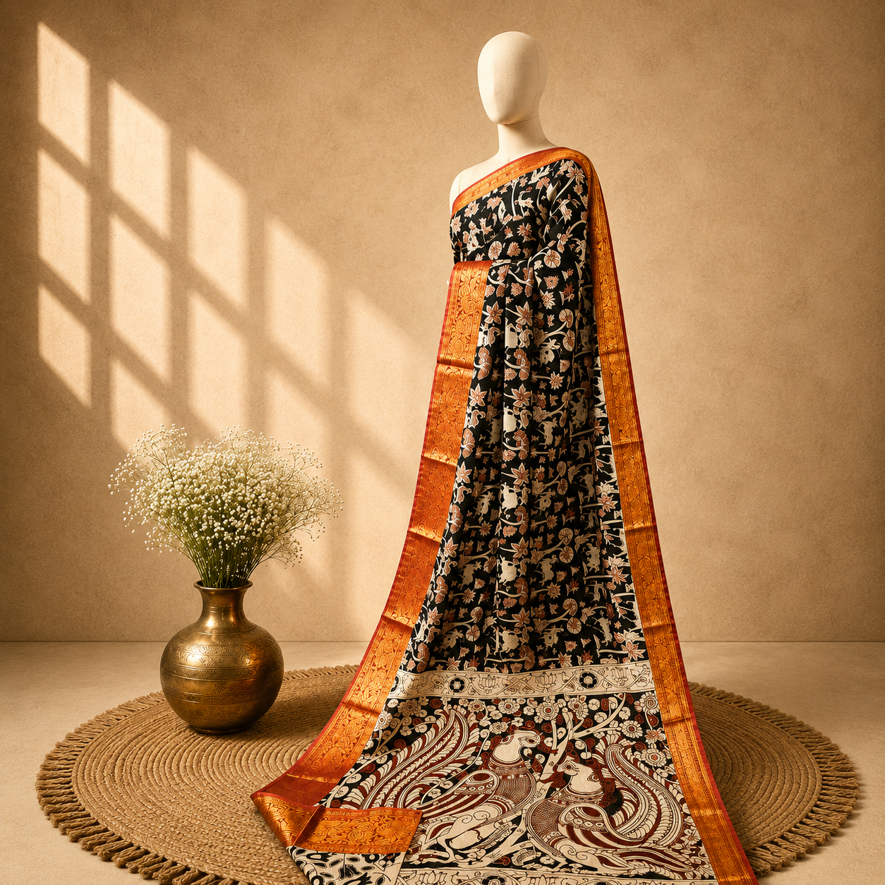 Kalamkari Block Print Silk Cotton Nizam Border Saree #20