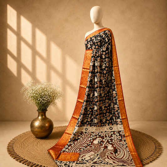 Kalamkari Block Print Silk Cotton Nizam Border Saree #20