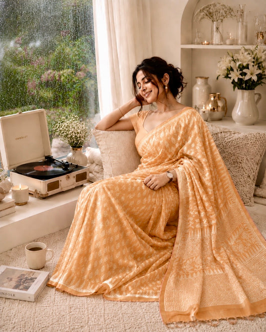 SICO Pastel Block Print Saree (Mango)