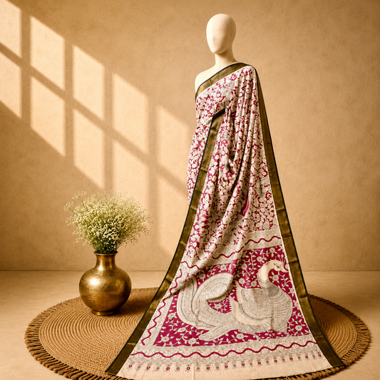 Kalamkari Block Print Silk Cotton Nizam Border Saree #11