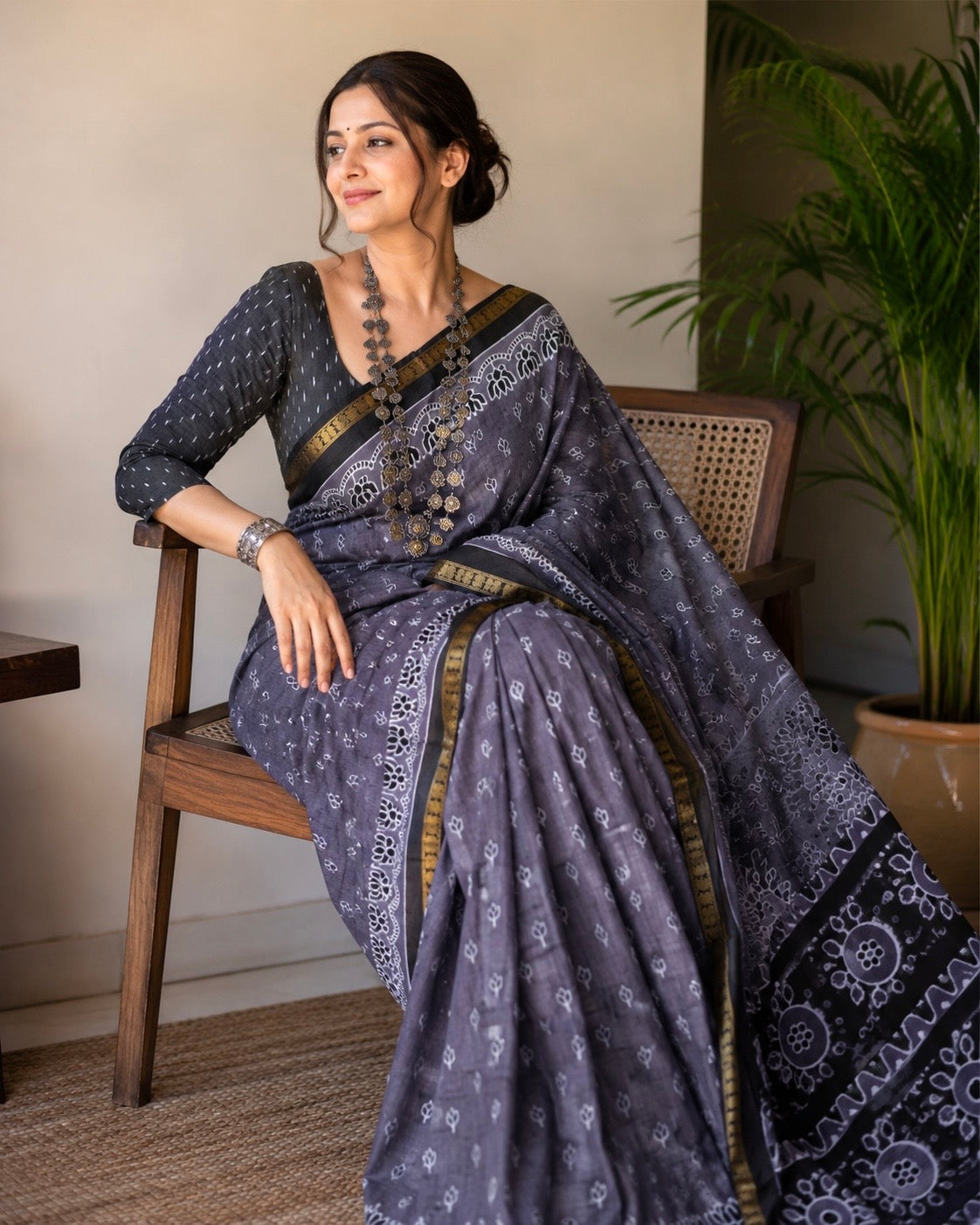 Mul Chanderi Block Print Saree (Purple)