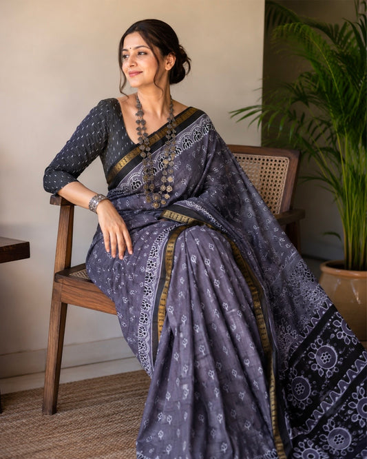 Mul Chanderi Block Print Saree (Purple)