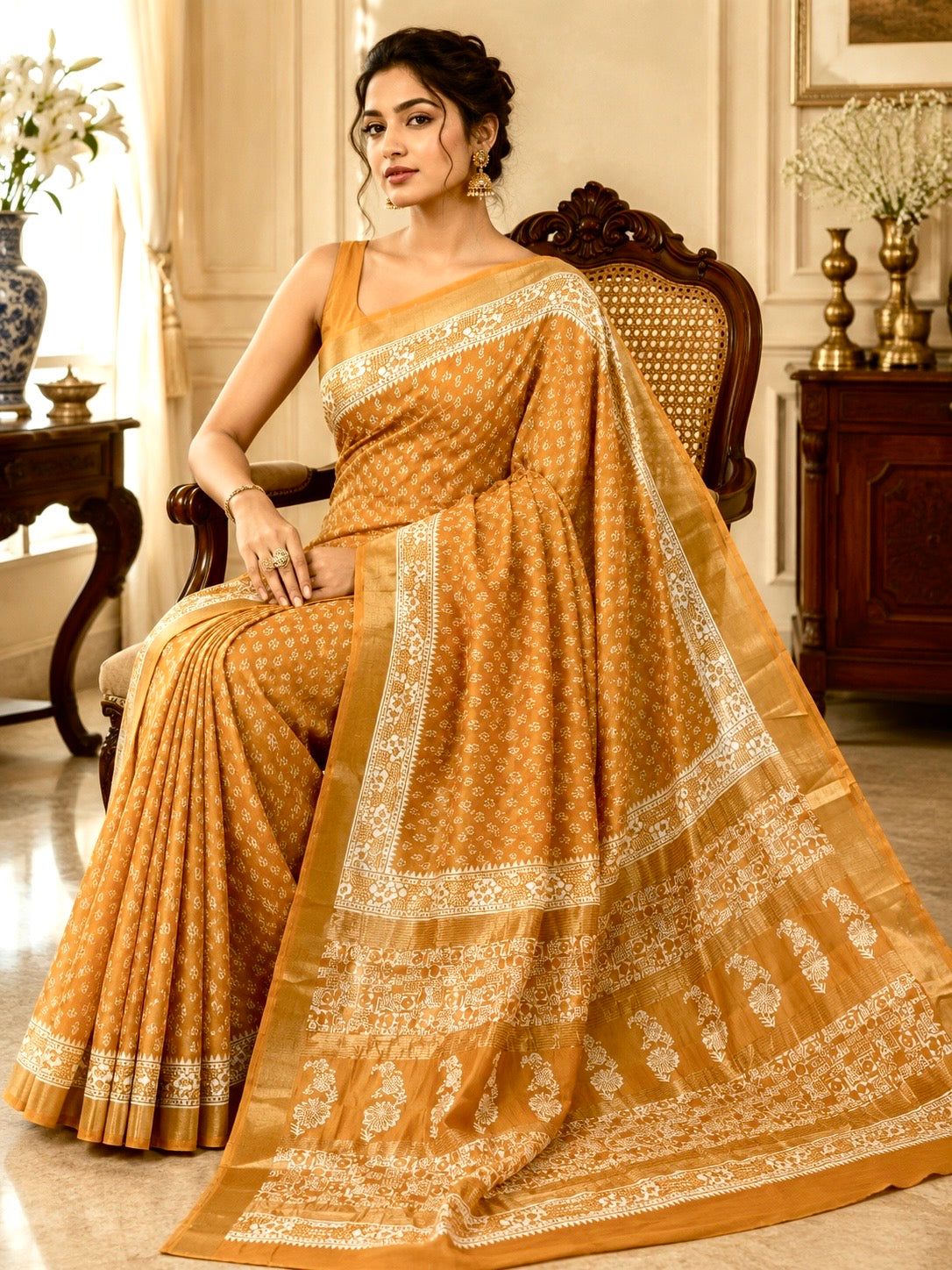 Chanderi Block Print Saree  (Mustard)