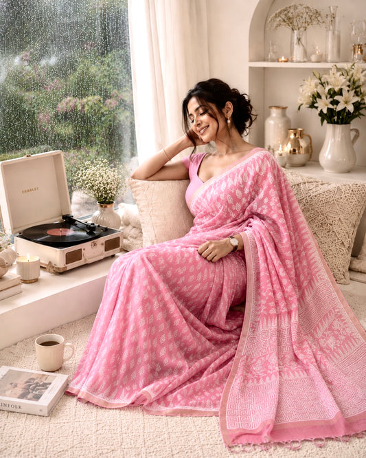 SICO Pastel Block Print Saree (Baby Pink)