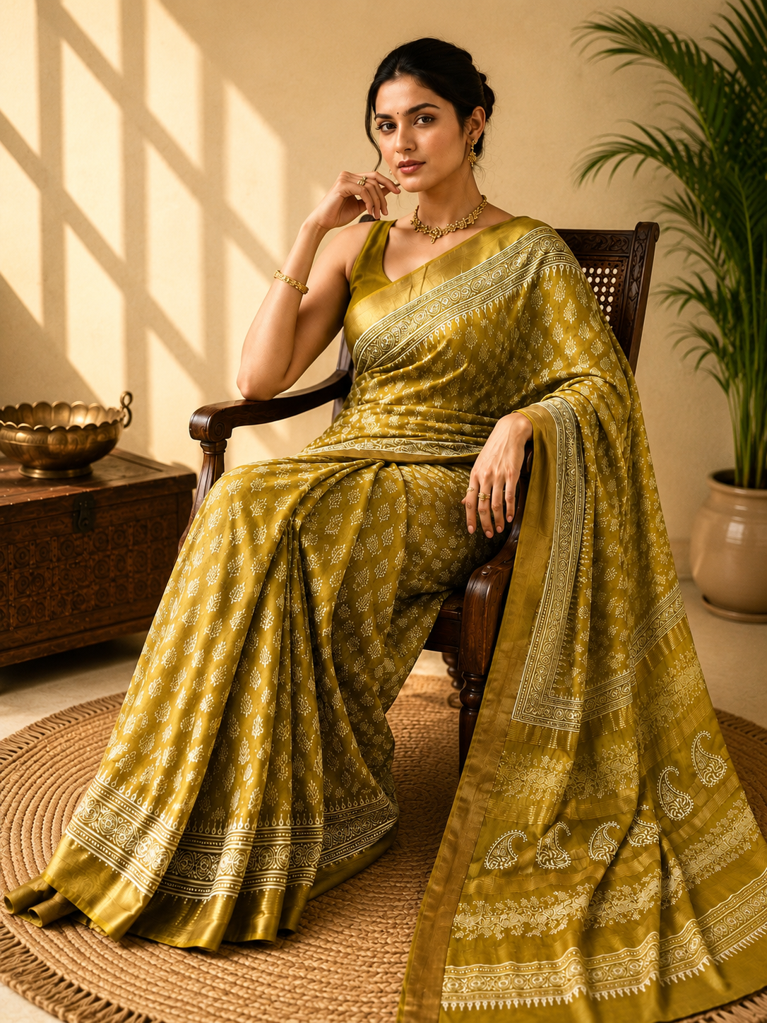 Chanderi Block Print Saree  (Mehndi)
