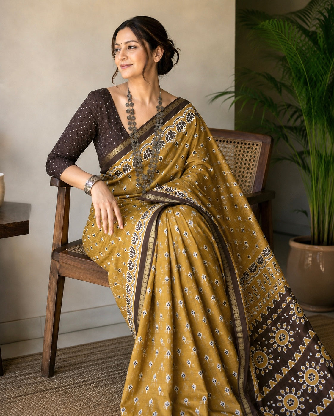 Mul Chanderi Block Print Saree (Mustard)