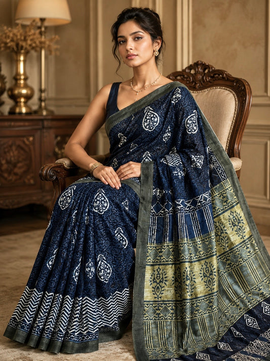 Chanderi Silk Gichha Pallu Pipar Dabu Print Saree (Indigo)