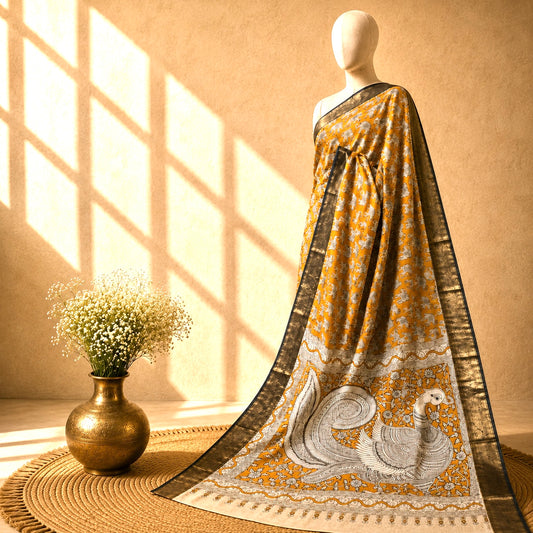 Kalamkari Block Print Silk Cotton Nizam Border Saree #12