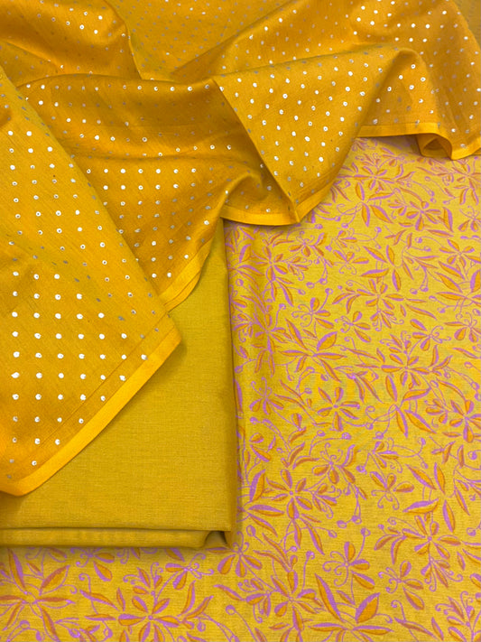 Yellow Chanderi Block Print Suit Set