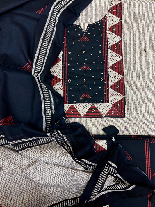 Cotton Printed Suit Set with Embroidery Patch on Yoke