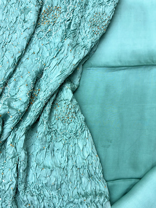 Modal Silk Suit Set with Rai Bandhej Dupatta (Sea Green)