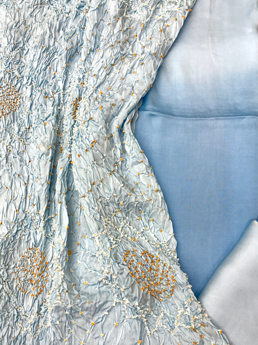 Modal Silk Suit Set with Rai Bandhej Dupatta (Aqua)