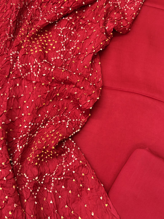 Modal Silk Suit Set with Rai Bandhej Dupatta (Red)