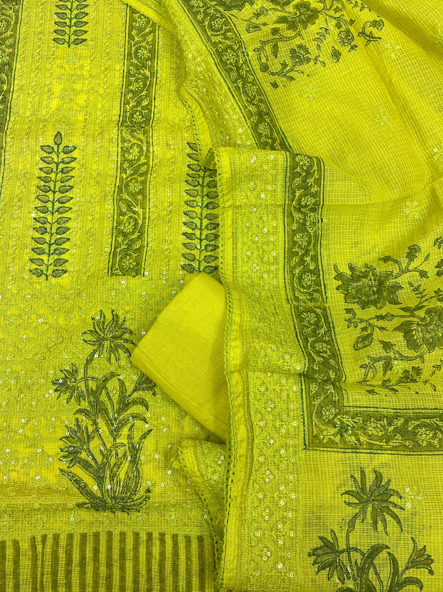 Kota Cotton Block Printed Suit Set with Schiffli Work (Lime Green)