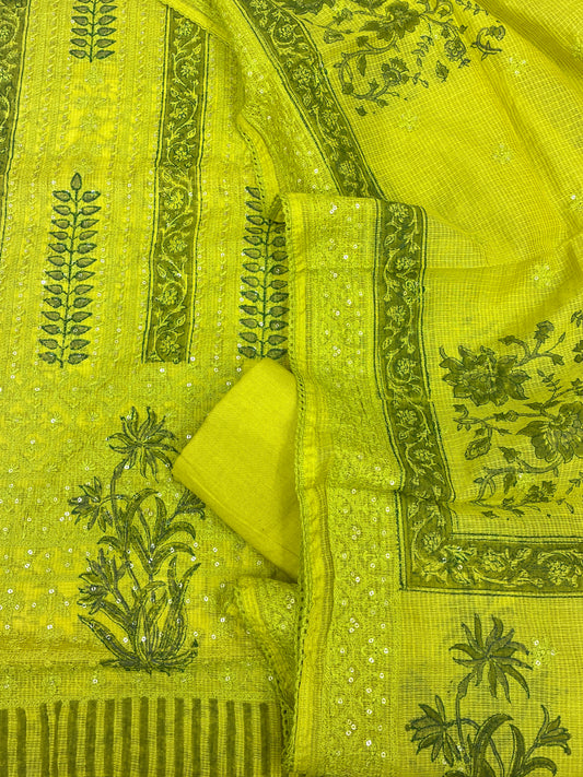 Kota Cotton Block Printed Suit Set with Schiffli Work (Lime Green)