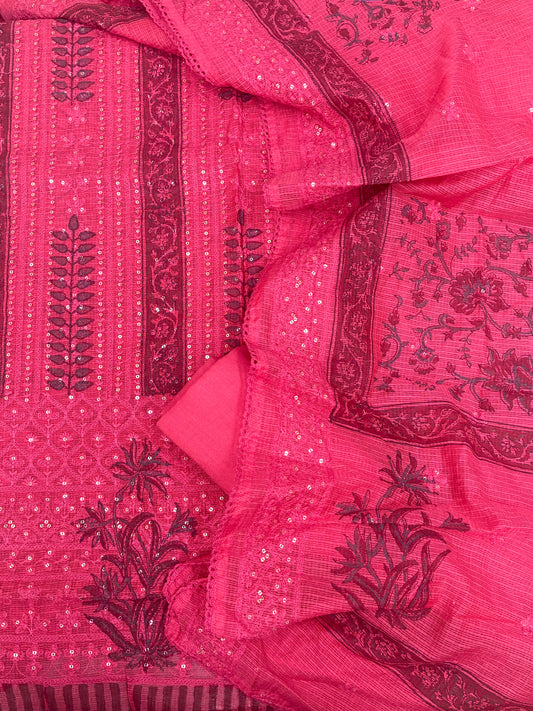 Kota Cotton Block Printed Suit Set with Schiffli Work (Red)